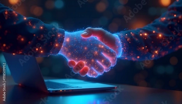 Obraz Two hands shake with glowing particles against a digital backdrop at night