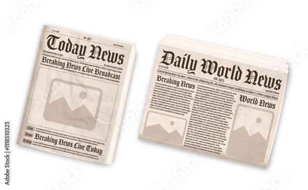 Obraz Old newspaper layout. Vertical and horizontal mockup of newspapers isolated on white background. Vector illustration.