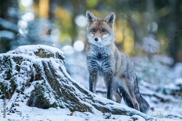 Fototapeta Close-up of redfox in lightly snow covered forest