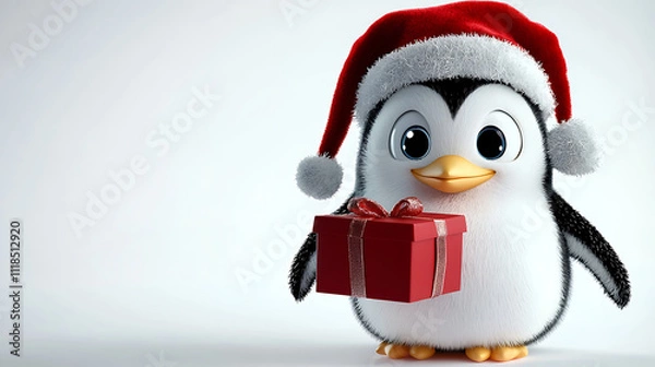 Fototapeta A penguin is holding a red box with a bow on it, wearing a red hat