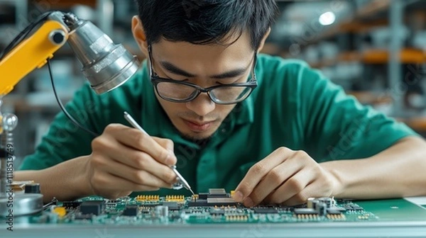 Fototapeta Technician solders microchips on a circuit board in a clean high-tech factory in Tokyo with organized workstations and shelves of electronic components