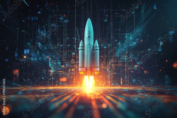 Fototapeta Abstract digital background showcasing a futuristic rocket with glowing trails in a vibrant cosmic setting, symbolizing innovation and space exploration.

