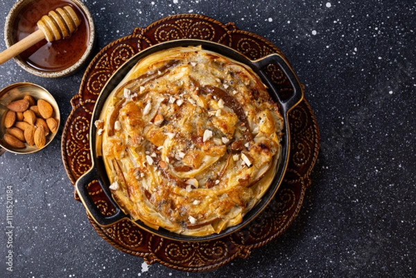 Obraz Phyllo pastry pie with pear, gorgonzola cheese, almond and honey, top view