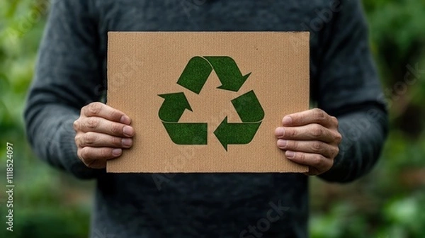Fototapeta Businessman promotes recycle reuse reduce message in a beautiful natural setting to encourage zero waste practices for sustainable living