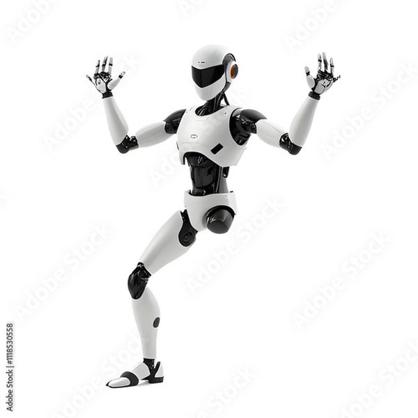 Obraz A futuristic 3D render of a sleek, metallic android character playing with a ball, showcasing the potential of advanced robotics and artificial intelligence, a robot with one leg 