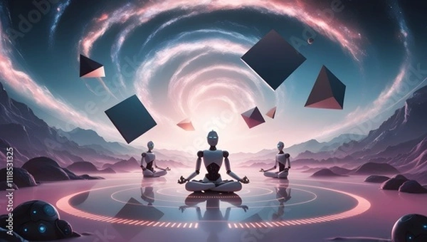 Obraz Robots are in yoga, robotic yoga, Global Business Team Working Together on a Computer with World Map Illustration