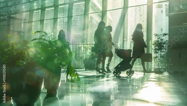 Fototapeta Business people are walking in the lobby of an office building, with green plants and trees outside the window. Sunlight is shining through the glass, with a blurry background and blurred focus. There