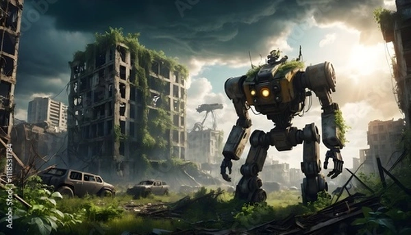 Obraz The brave firefighter, helmet gleaming in the night sky, battled the raging fire to ensure the safety of the people, a big robot fighter 