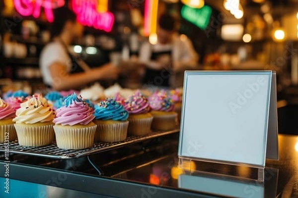 Fototapeta Colorful cupcakes displayed with blank mockup template sign in bakery window