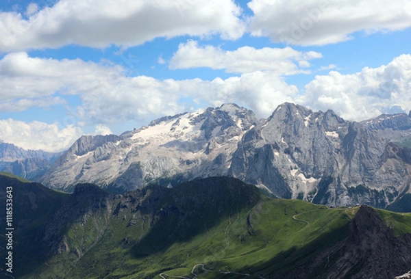 Fototapeta Marmolada mountain in northern Italy and what remains of the glacier that is inexorably melting more and more each yea