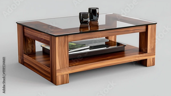 Fototapeta A wooden coffee table with a glass top and a tray on top of it
