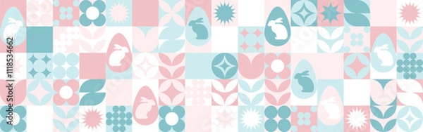 Obraz Seamless background with flowers for the spring holiday of Easter with a texture of circles and squares. Wallpaper mosaic with geometric shapes, pastel background with eggs and hares.