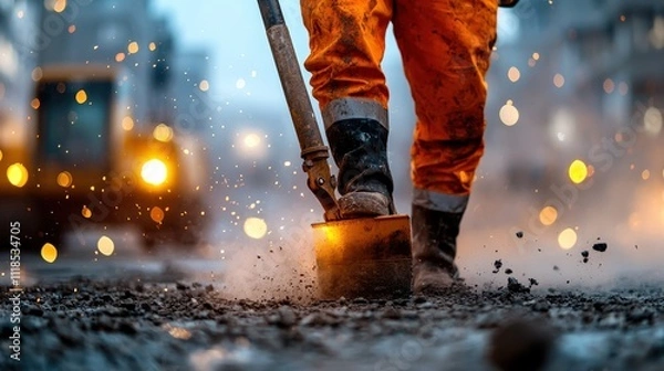 Fototapeta A worker using a jackhammer to break concrete, the scene filled with dust and action in a downtown construction area