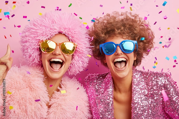 Fototapeta Two joyful women in vibrant party attire with colorful confetti celebrating together against a pink backdrop, showcasing friendship and fun vibes