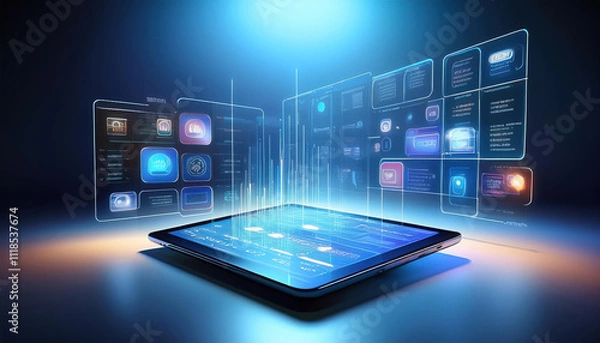 Obraz sleek tablet displaying low code app builder interface with drag and drop features, glowing in futuristic setting