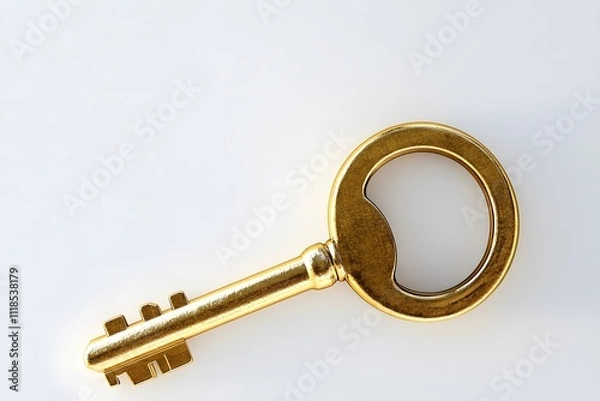 Fototapeta Golden Key on a White Background Symbolizing Opportunity, Unlocking Possibilities, and Accessing Hidden Treasures to New Beginnings and Adventures in Life