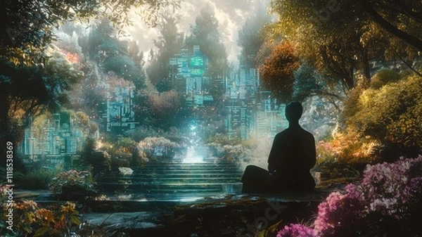 Fototapeta A serene figure meditates in a lush, colorful landscape, surrounded by vibrant flora and ethereal, glowing structures in the background.