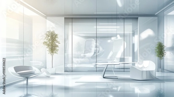 Fototapeta A modern, minimalist office space featuring sleek furniture, large windows, and indoor greenery, creating an open and airy atmosphere.