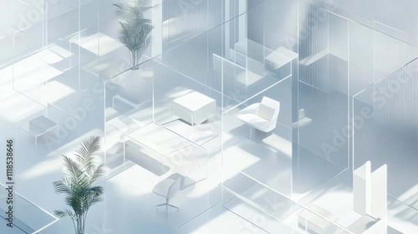 Fototapeta A serene, modern interior design featuring transparent elements, minimalist furniture, and natural light for a calming atmosphere.