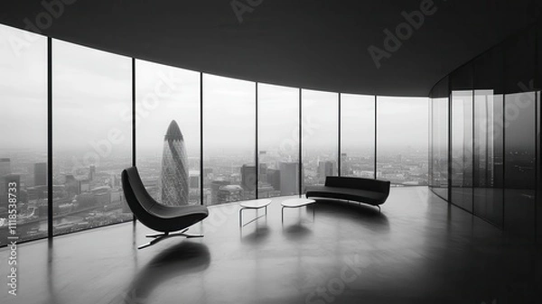 Fototapeta A modern, minimalist room with panoramic windows offering a city view, featuring elegant furniture in a sleek, black-and-white design.