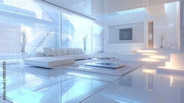 Fototapeta A modern, bright living room featuring large windows, sleek furniture, and a minimalist design, creating an open and airy atmosphere.