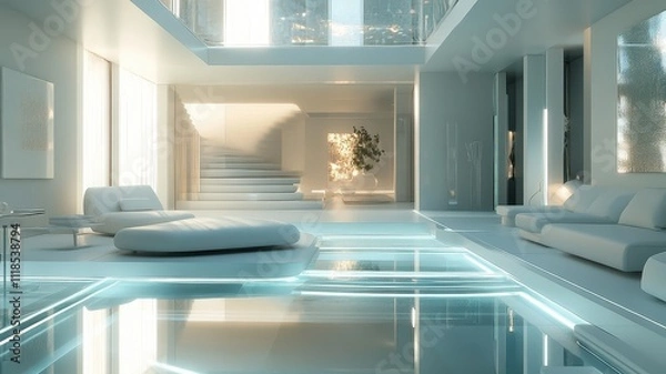 Fototapeta A sleek, modern interior featuring minimalistic design, large glass windows, a pool, and ambient lighting, creating a serene and luxurious atmosphere.