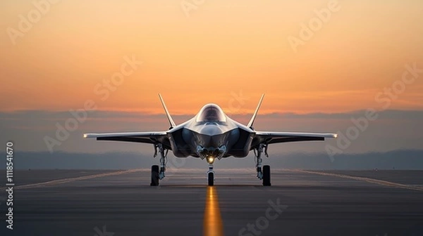 Obraz F-35C Lightning II captured at sunset, dramatic rear angle with forced perspective highlighting landing gear and glowing sky