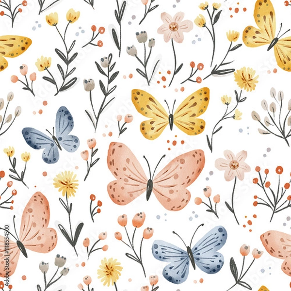Fototapeta Butterflies and flowers watercolour seamless pattern. Cute floral pattern for kids on white background for fabric, wrapping, textile, wallpaper, background.
