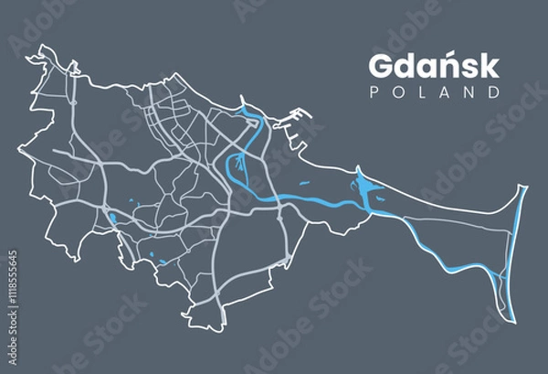 Fototapeta Vector Gdansk, Poland map. Urban city map. Poster with streets and Motlawa River. Light stroke version on dark background.