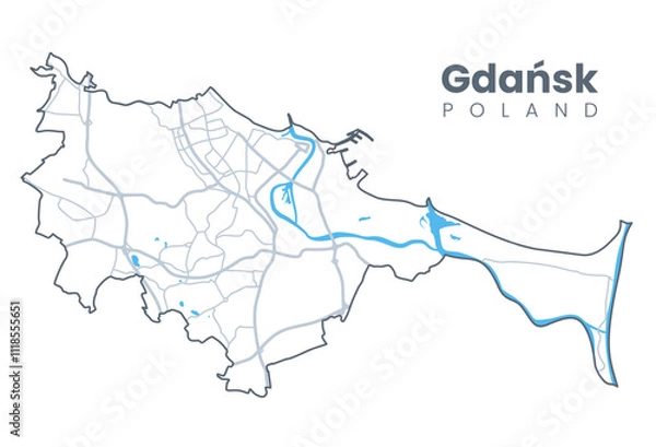 Fototapeta Vector Gdansk, Poland map. Urban city map. Poster with streets and Motlawa River. Light stroke version.