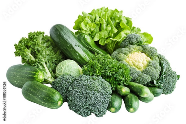 Obraz A pile of green vegetables is set against a transparent background to emphasize the details