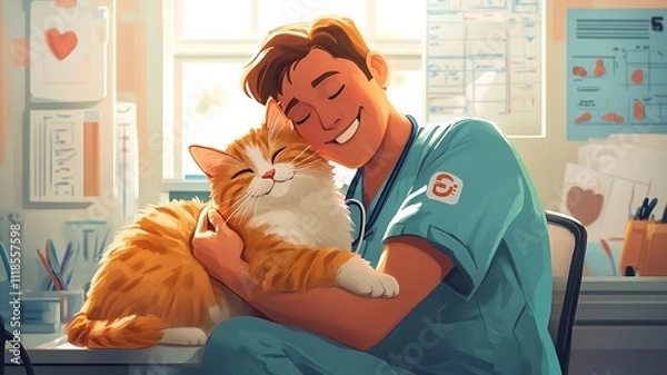 Fototapeta A lively cartoon scene featuring a veterinarian in uniform joyfully engaging with a playful cat post-treatment. The clinic's colorful and inviting atmosphere offers ample space for fun and relaxation.