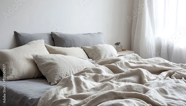 Obraz Calming Beige Linen Bedding Cozy Bedroom Soft Texture Natural Light