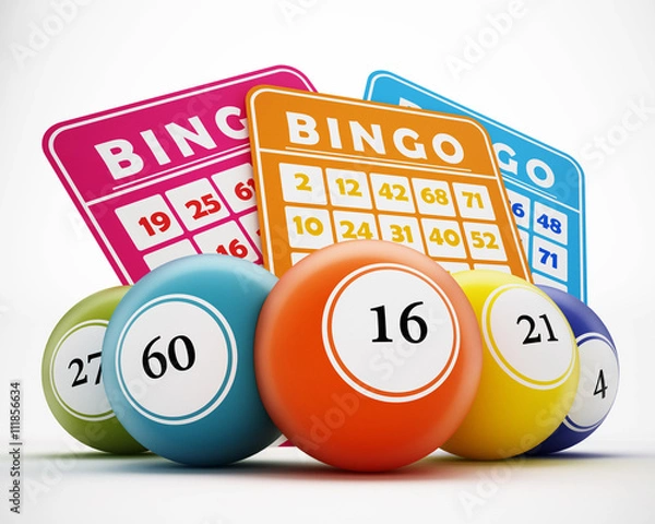 Obraz Piłki i karty do bingo. Ilustracja 3D