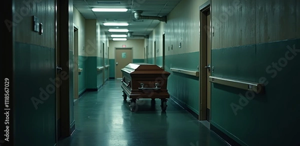 Fototapeta Coffin in empty hospital hallway at night