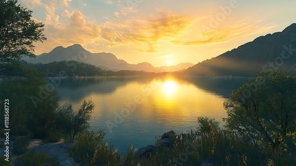 Obraz Serene Sunset Over Mountain Lake And Trees