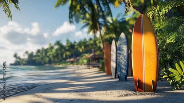 Fototapeta A surfboard on a beach, with room for copy in the sk