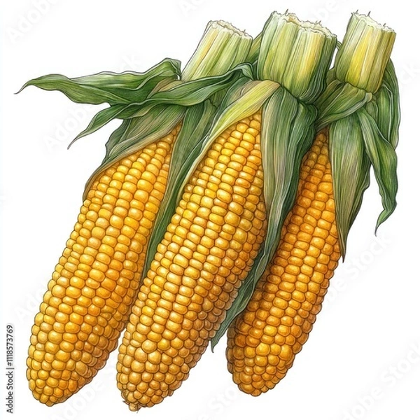 Fototapeta A detailed illustration of three ears of corn with green husks.