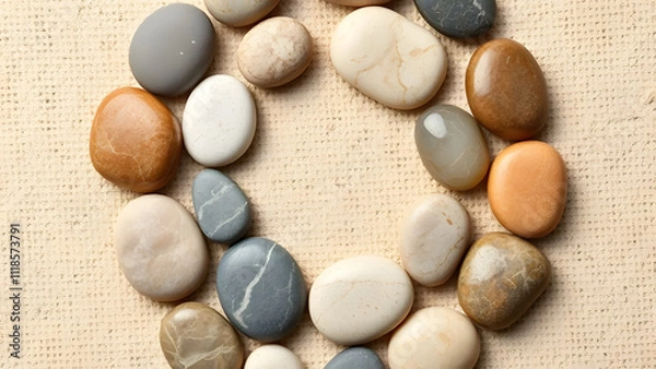Fototapeta : Close-up of smooth river stones arranged in a perfect circle on a textured beige background