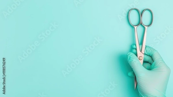 Fototapeta rubber gloved and textured concept. Hand holding surgical scissors against a turquoise background, symbolizing healthcare and precision.