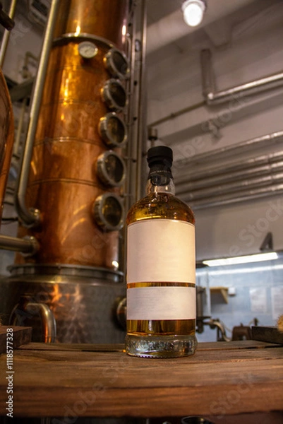 Obraz Distillate production process in copper distillation unit. Cpper vacuum still for distillation performed under reduced pressure for gin production.