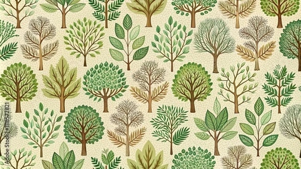 Fototapeta Colorful forest pattern with leaves, branches and mushrooms