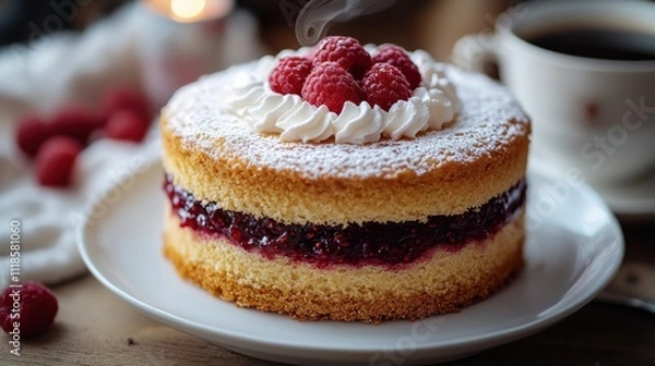 Fototapeta Delicious raspberry cake with whipped cream and fresh raspberries served with coffee in a cozy cafe setting