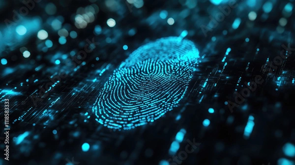 Obraz Generative AI image of digital finger print scan in blue glowing lights for forensic data and personal identification on black background while useful in biometrics 