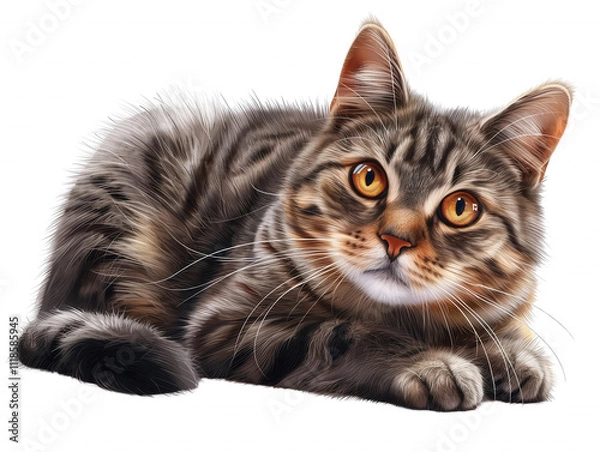 Fototapeta A cat is laying on a white background with its eyes open