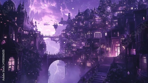 Fototapeta A Purple Fantasy City Under a Stormy Sky
