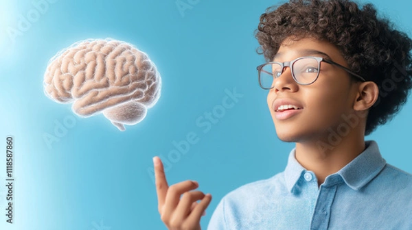 Fototapeta Young neuroscientist demonstrates innovative neurological research using a floating digital model of the human brain