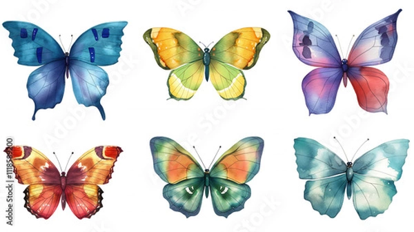 Fototapeta A set of six colorful butterflies with different patterns and colors