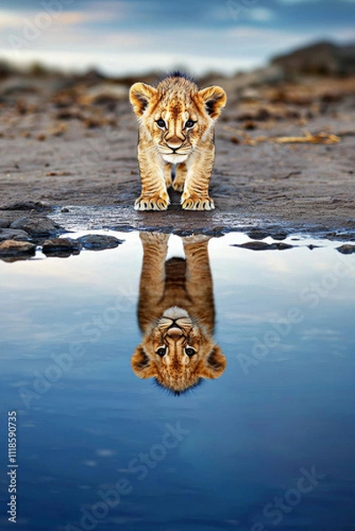 Obraz minimal photostock of a  Lion cub looking the reflection of an adult lion in the water , isolated on white background,  , copy space, copy space for text,