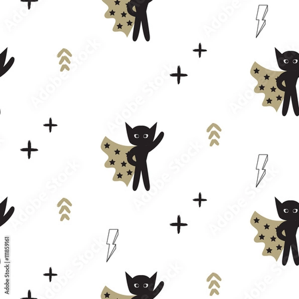 Obraz Superhero in gold cape with lightning stars seamless kid pattern. Hero boy in mask black and white pattern for baby textile prints.